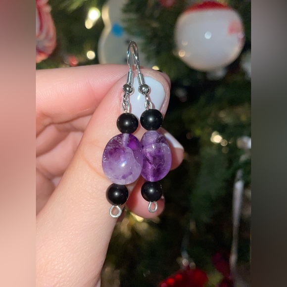 Hand Crafted Jewelry - Gemmy Amethyst + Obsidian Beaded Earrings | Hand Crafted Dangles | Crystal